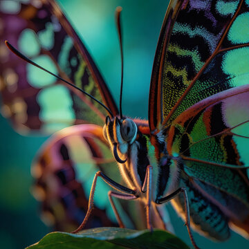 Close-up portrait of a tropical butterfly with large patterned wings in a natural setting