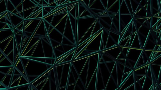 3D Metallic Wireframe Polygon Grid Full-Frame Plane Seamless Loop Video, Abstract Cybernetic Network Texture Motion Graphics, Glowing Emerald Lime Light Distortion &ndash; Full-frame background