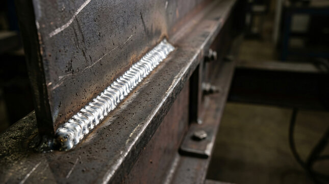 Close-up shot of a structural steel T-joint weld with a clean, precise silver bead showing professional metal fabrication techniques inside a heavy industrial manufacturing workshop environment.