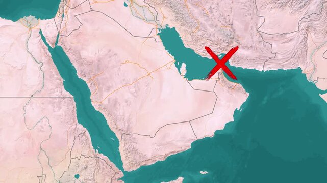 Strait of Hormuz blocked shipping route and Persian Gulf geopolitical tension animated map video