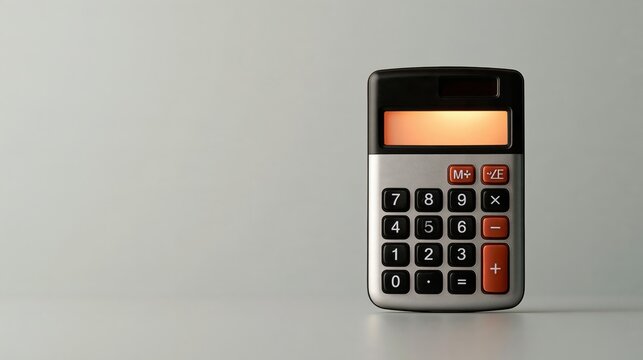 Side view of a calculator glowing like it found the perfect number on soft silver background, funny business concept.