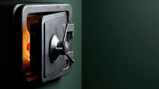 Close-up of a safe yawning open with golden light on dark green background, funny finance concept.
