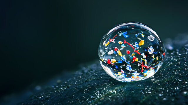 Macro illustration of a clear water droplet containing tiny colorful microplastic fragments and fibers, an ocean pollution concept