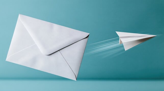 Wide shot of an email envelope flying like a paper plane on soft teal background, funny marketing concept.
