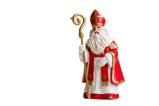 Sinterklaas figurine with golden crosier and red mitre isolated on transparent background PNG element