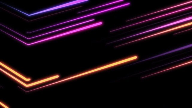 Abstract glowing pink and orange neon light lines background with dark space for tech design