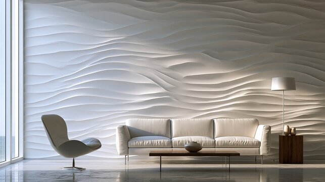 Elegant modern interior design showcasing textured wall panels, comfortable seating, representing luxury and calming spaces