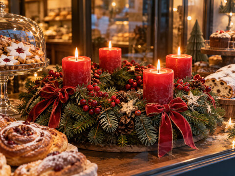 Festlicher Adventskranz mit vier brennenden roten Kerzen. Samtschleifen, rote Beeren und Tannengr&uuml;n schm&uuml;cken den Kranz in einer gem&uuml;tlichen B&auml;ckerei voller Weihnachtsgeb&auml;ck.