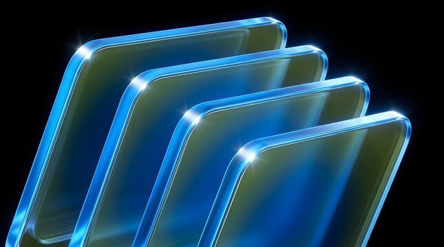 Four translucent blue glass panels arranged in a staggered diagonal row against a pure black background, illuminated by bright white edge highlights that create a sleek modern technological mood ideal