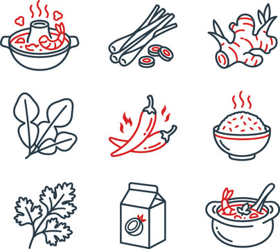 Thai food ingredients and dishes icons set including tom yum soup, lemongrass, galangal, kaffir lime leaves, and chili