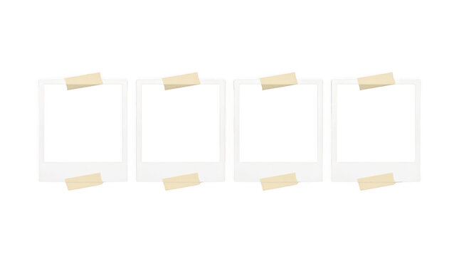 Polaroid frames mockup, four empty instant photo templates with adhesive tape. Blank paper photo frames for memories and scrapbooking isolated on Transparent Background