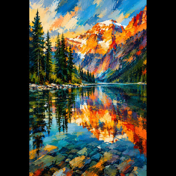 Pintura al &oacute;leo de un majestuoso paisaje de monta&ntilde;a con reflejo en el lago alpino y bosque de pinos al atardecer