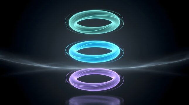 Three glowing neon rings in teal, blue, and purple float vertically above a dark reflective surface with soft light waves, creating a futuristic abstract composition ideal for technology, digital art