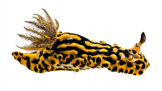 Striking yellow and black sea slug gliding gracefully across a white backdrop, showcasing vibrant marine life detail