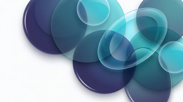 Abstract overlapping translucent circles in shades of blue, teal, and purple arranged diagonally on a clean white background, creating a modern, professional, and versatile graphic design element