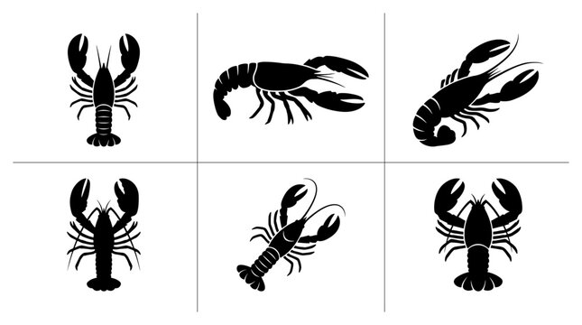 Lobster silhouettes set with crustaceans in various poses for seafood menus or emblems
