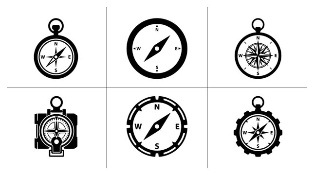 Compass silhouettes set with navigation tools for travel and exploration logo, signage, app and web