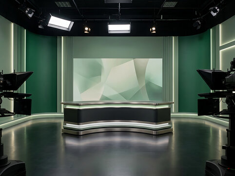 Modern television news studio set with green walls and broadcast desk