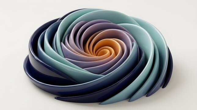 Spiral arrangement of nested ceramic bowls in gradient shades of deep navy blue, soft teal, lavender purple and warm amber orange, displayed on a clean white background with soft diffused studio