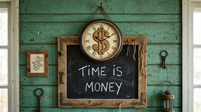 Time is Money Concept Vintage Clock and Chalkboard with Dollar Sign