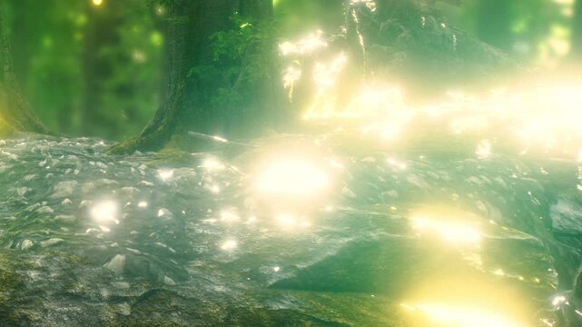 Golden orbs of light dance above a rocky forest floor, casting a warm glow in the tranquil woods. The atmosphere is serene, filled with the magic of nature as evening approaches.