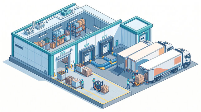 Isometric clipart of modern warehouse with loading dock and delivery