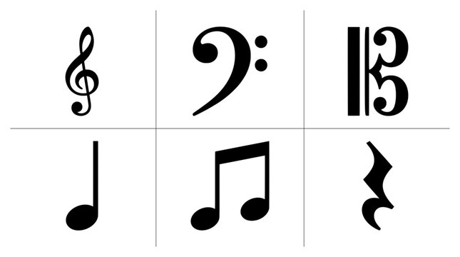 Musical note silhouettes set with treble clef, bass clef, alto clef, eighth note, sixteenth note and rest for music education
