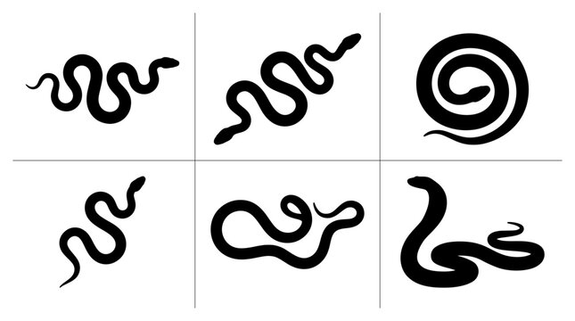 Snake silhouettes set with coiled and winding poses for logo or tattoo