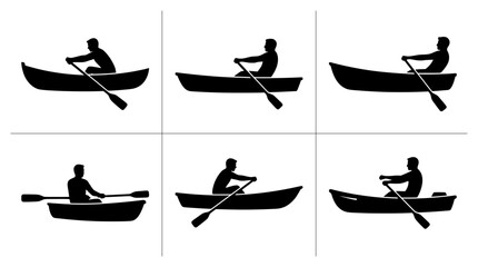 Rowing boat silhouettes set with figures paddling and different poses for water sports and travel logo © Muhib