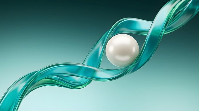 Elegant turquoise ribbon swirls gracefully around a luminous white pearl against a soft teal gradient background, creating a sophisticated abstract composition ideal for luxury beauty and cosmetics