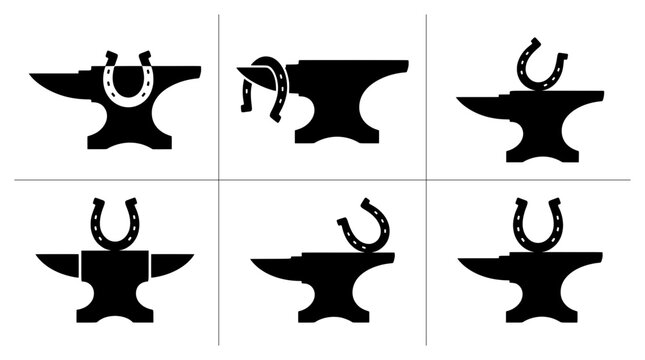 Anvil and horseshoe silhouettes set for blacksmithing and luck, logo and signage