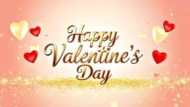 Happy valentine day video animation greeting card featuring gold text and floating 3d hearts over glowing particles background in high resolution motion graphic clip suitable for holiday decor