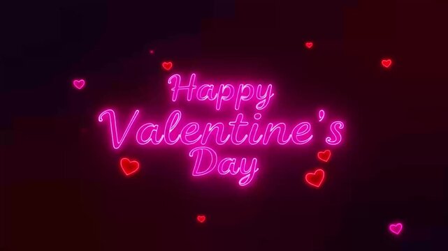 Animated neon hearts glowing bright pink against dark background with stylized happy valentines day video animation text, floating smoothly in center for romantic holiday digital greetings video