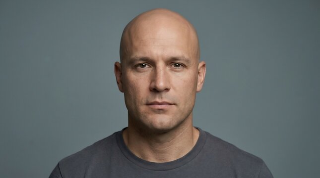 Front view portrait of a serious bald adult man wearing a grey