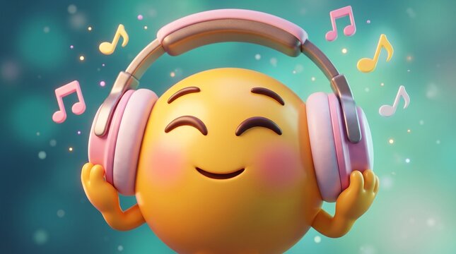Happy emoji character wearing headphones listening to music with