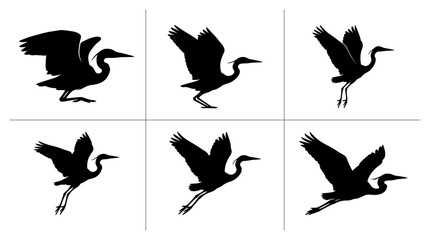 Fototapeta premium Heron silhouettes set with bird in flight poses for nature design