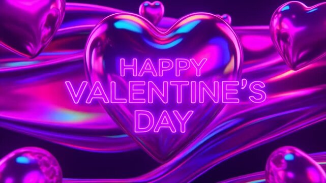 Valentine day video animation with glowing neon text and chrome pink hearts floating in front of abstract liquid motion background creating romantic atmosphere for holiday celebration videos