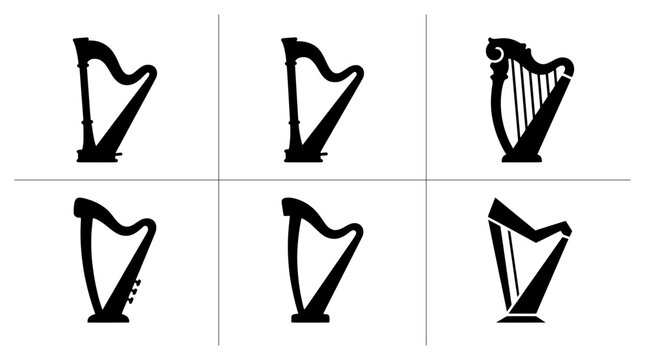 Harp silhouettes set with various musical instruments for logo and signage
