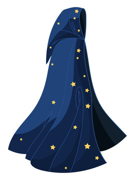 Isolated wizard cloak with hood decorated with yellow star patterns transparent background