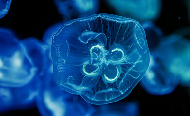 Serene blue neon medusa close up as calm meditation and sound healing concept background © Minakryn Ruslan 