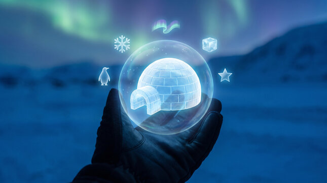 Glowing holographic igloo projection hovering above a gloved human hand with floating winter icons against a blurred snowy arctic landscape and glowing aurora borealis background