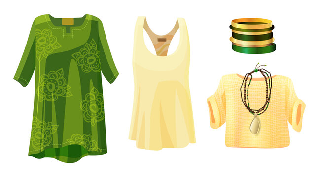 Set of summer fashion items including green floral tunic yellow tank top accessories and knitted sweater transparent background