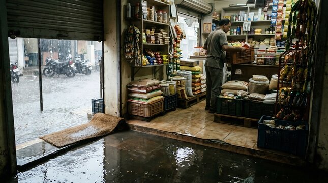 Shopkeeper working in a small grocery store as rainwater floods the