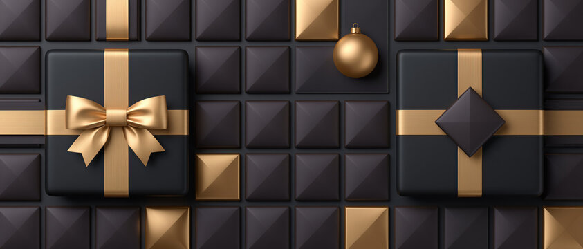 Luxurious black gift boxes adorned with elegant gold ribbon and a shimmering ornament rest on a textured dark surface, evoking a sense of sophisticated celebration.