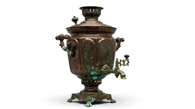 raditional antique copper samovar with green patina and ornate engravings, vintage tea urn isolated on pure white background 