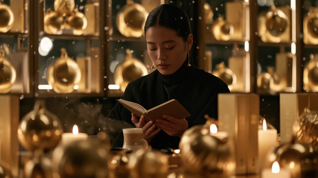 A young Asian woman engrossed in reading a book, illuminated by warm candlelight amidst a luxurious setting adorned with golden decorative orbs.