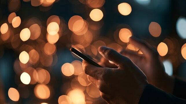 Holding a mobile device amidst blurred, warm bokeh lights, suggesting nighttime communication, a concept for modern connection
