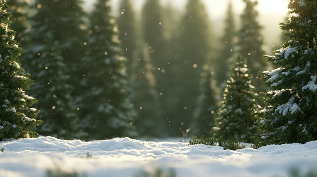 A tranquil winter wonderland unfolds as soft snowflakes drift down through a sun-dappled pine forest, casting a magical glow on the snow-covered ground.