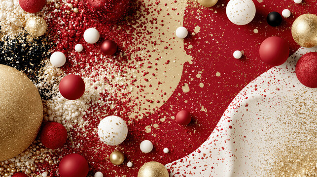Festive abstract composition featuring scattered red, gold, and white spheres and granular elements, evoking a sense of celebration and elegance.