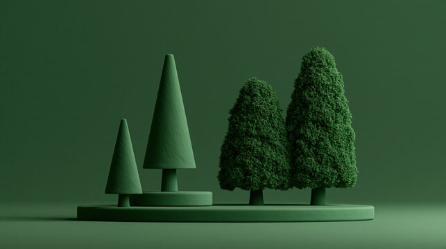 A minimalist composition features three stylized trees in varying shades of green, representing a serene and eco-conscious theme.